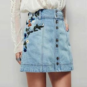 Free People Embroidered Denim Skirt